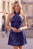 Blue Halter Neck A-Line Floral Short Homecoming Dress with Sequins