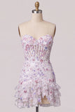 Lilac Bodycon Sequins Tiered Ruffled Corset Short Homecoming Dress