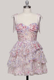 Lilac A-Line Tiered Ruffled Corset Sequins Short Homecoming Dress