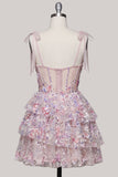 Lilac A-Line Tiered Ruffled Corset Sequins Short Homecoming Dress