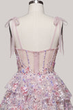 Lilac A-Line Tiered Ruffled Corset Sequins Short Homecoming Dress