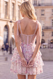Lilac A-Line Tiered Ruffled Corset Sequins Short Homecoming Dress