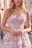 Lilac A-Line Tiered Ruffled Corset Sequins Short Homecoming Dress