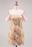 Pink Flower Off the Shoulder Bodycon Short Homecoming Dress