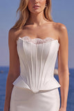 White Corset Satin Two Piece Sweep Train Mermaid Wedding Dress with Lace