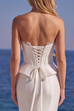 White Corset Satin Two Piece Sweep Train Mermaid Wedding Dress with Lace