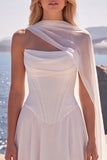 Strapless White Basque Waist Corset A-Line Long Wedding Dress