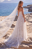Lace A-Line Strapless White Corset Long Wedding Dress with Veils