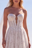 Lace A-Line Strapless White Corset Long Wedding Dress with Veils