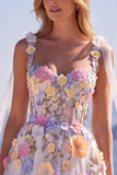 Tulle A-Line Floral White Corset Long Wedding Dress with Appliques