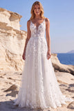 White Tulle A-Line Appliqued Floral Corset Long Wedding Dress