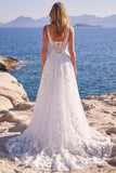 White Tulle A-Line Appliqued Floral Corset Long Wedding Dress