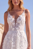White Tulle A-Line Appliqued Floral Corset Long Wedding Dress