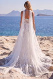White Corset Tulle A-Line Sweetheart Appliqued Floral Long Wedding Dress
