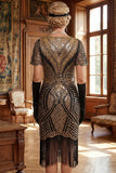 Red Golden V-Neck Sequins Bodycon Short 1920s Dress with Fringe Hem