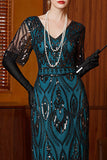 Black Blue Sequin V-Neck Half Sleeves Sheath Long 1920s Dress with Beading