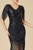 Sparkly Bodycon V-Neck Sequins Fringed Shoulder Sleeves 1920s Dress