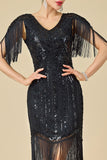 Sparkly Bodycon V-Neck Sequins Fringed Shoulder Sleeves 1920s Dress