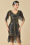 Sparkly Bodycon V-Neck Sequins Fringed Shoulder Sleeves 1920s Dress