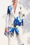 White Blue Flower Printed Notched Lapel Pantsuits Women Prom Suits