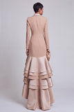 Khaki Fitted Peak Lapel Ruffled High-Low Work Dress
