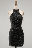 Black Bodycon Halter Pearls Beaded Short Homecoming Dress with Lace Up Back
