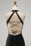 Black Bodycon Halter Pearls Beaded Short Homecoming Dress with Lace Up Back