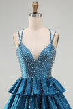 Blue A Line Pearls Tiered Ruffle Short Homecoming Dresses with Beading