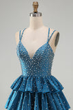 Blue A Line Pearls Tiered Ruffle Short Homecoming Dresses with Beading