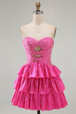Beaded A Line Cut Out Tiered Ruffle Fuchsia Homecoming Dress with Pearls