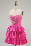 Beaded A Line Cut Out Tiered Ruffle Fuchsia Homecoming Dress with Pearls