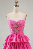 Beaded A Line Cut Out Tiered Ruffle Fuchsia Homecoming Dress with Pearls