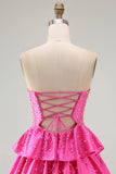 Beaded A Line Cut Out Tiered Ruffle Fuchsia Homecoming Dress with Pearls
