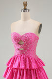 Beaded A Line Cut Out Tiered Ruffle Fuchsia Homecoming Dress with Pearls