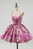 Red Flower Halter Neck Jacquard Bubble Hem Short Homecoming Dress