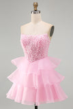 Sparkly Pink A-Line Sequins Pearl Ruffle Tiered Short Homecoming Dress