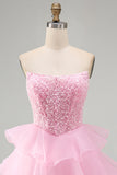 Sparkly Pink A-Line Sequins Pearl Ruffle Tiered Short Homecoming Dress
