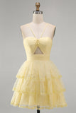 Sparkly Yellow A-Line Cut Out Tiered Ruffle Pearls Short Homecoming Dress