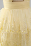 Sparkly Yellow A-Line Cut Out Tiered Ruffle Pearls Short Homecoming Dress