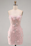 Strapless Tight Lace Pearls Sheer 3D Floral Corset Short Homecoming Dress
