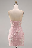 Strapless Tight Lace Pearls Sheer 3D Floral Corset Short Homecoming Dress