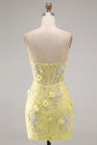 Strapless Tight Lace Pearls Sheer 3D Floral Corset Short Homecoming Dress