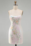 Sparkly Pink Bodycon Sequins Floral Short Homecoming Dress with Beading