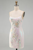 Sparkly Pink Bodycon Sequins Floral Short Homecoming Dress with Beading