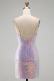 Sparkly Lilac Bodycon Cowl Neck Sequins Short Homecoming Dress