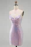 Sparkly Lilac Bodycon Cowl Neck Sequins Short Homecoming Dress