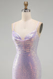 Sparkly Lilac Bodycon Cowl Neck Sequins Short Homecoming Dress