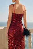 Sparkly Burgundy Sequins Sheath Spaghetti Straps Midi Dress