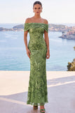 Golden Sequins Off the Shoulder Floral Embroidery Mermaid Maxi Dress