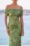 Golden Sequins Off the Shoulder Floral Embroidery Mermaid Maxi Dress